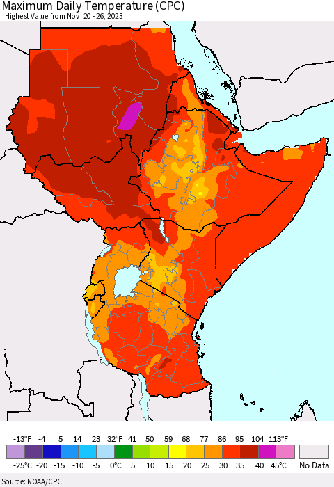Eastern Africa Maximum Daily Temperature (CPC) Thematic Map For 11/20/2023 - 11/26/2023