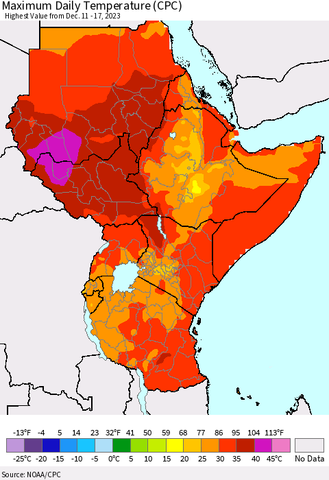 Eastern Africa Maximum Daily Temperature (CPC) Thematic Map For 12/11/2023 - 12/17/2023