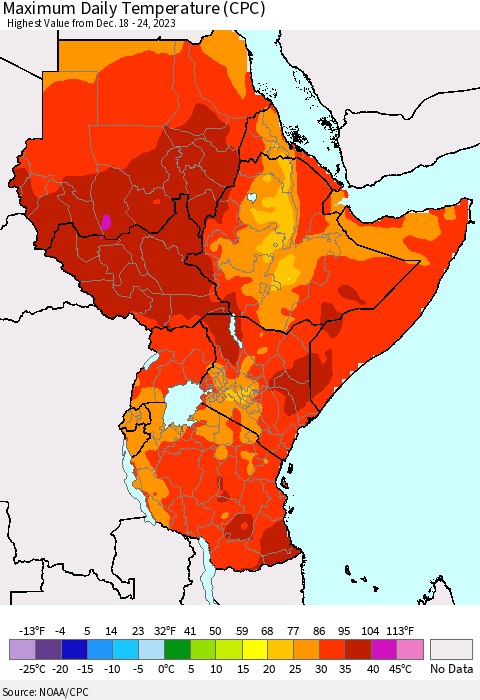 Eastern Africa Maximum Daily Temperature (CPC) Thematic Map For 12/18/2023 - 12/24/2023