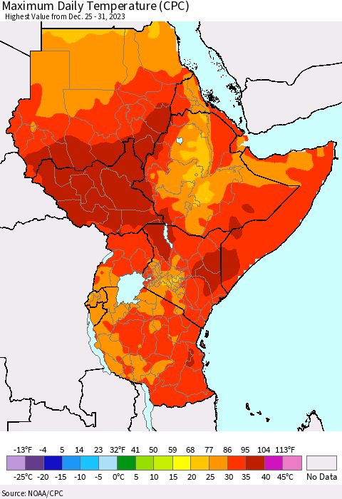 Eastern Africa Maximum Daily Temperature (CPC) Thematic Map For 12/25/2023 - 12/31/2023