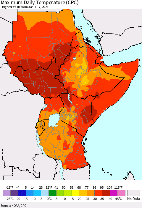 Eastern Africa Maximum Daily Temperature (CPC) Thematic Map For 1/1/2024 - 1/7/2024