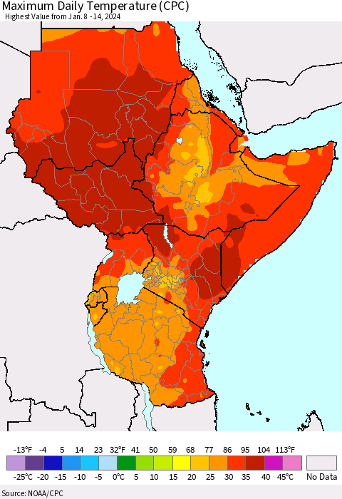 Eastern Africa Maximum Daily Temperature (CPC) Thematic Map For 1/8/2024 - 1/14/2024