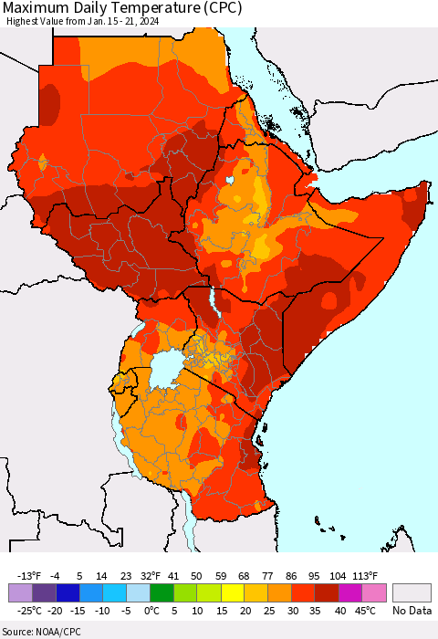 Eastern Africa Maximum Daily Temperature (CPC) Thematic Map For 1/15/2024 - 1/21/2024