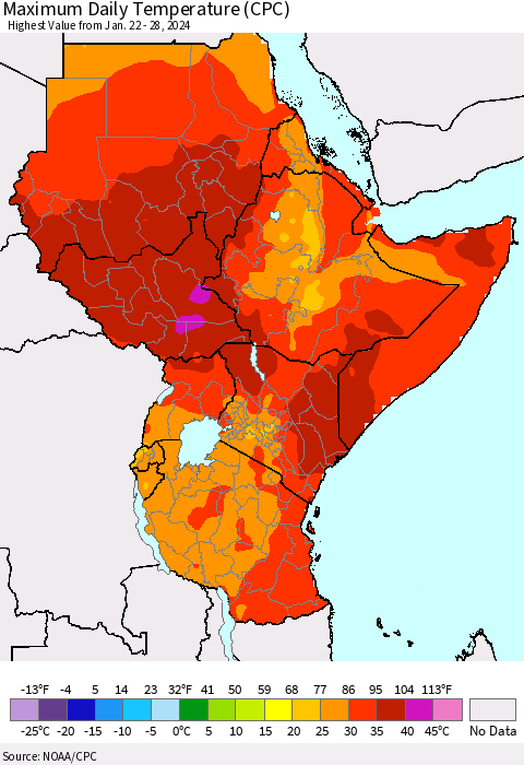 Eastern Africa Maximum Daily Temperature (CPC) Thematic Map For 1/22/2024 - 1/28/2024