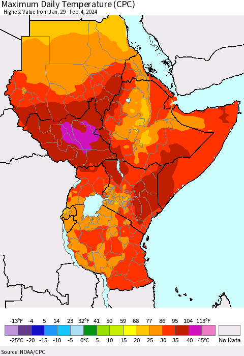 Eastern Africa Maximum Daily Temperature (CPC) Thematic Map For 1/29/2024 - 2/4/2024