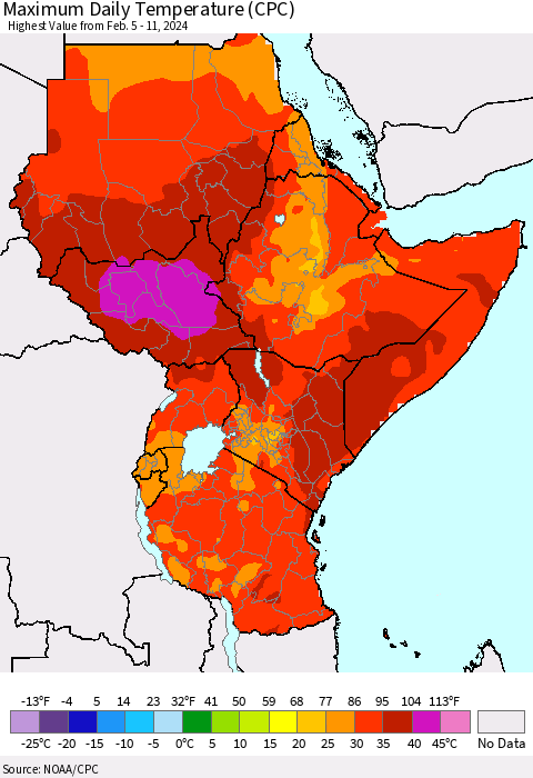 Eastern Africa Maximum Daily Temperature (CPC) Thematic Map For 2/5/2024 - 2/11/2024