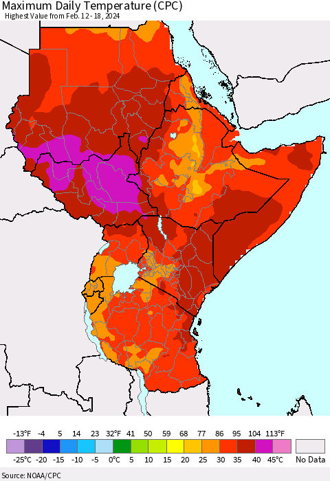 Eastern Africa Maximum Daily Temperature (CPC) Thematic Map For 2/12/2024 - 2/18/2024