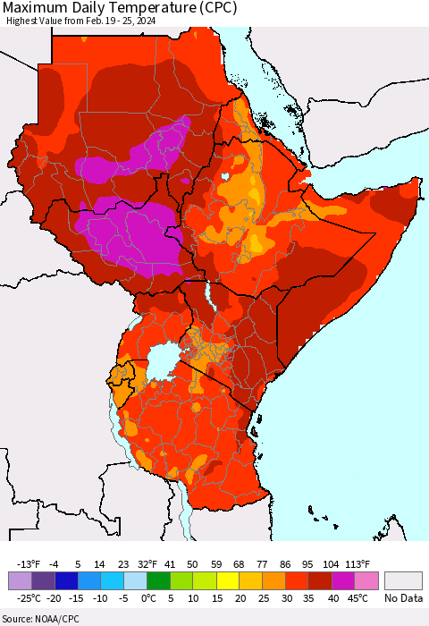 Eastern Africa Maximum Daily Temperature (CPC) Thematic Map For 2/19/2024 - 2/25/2024