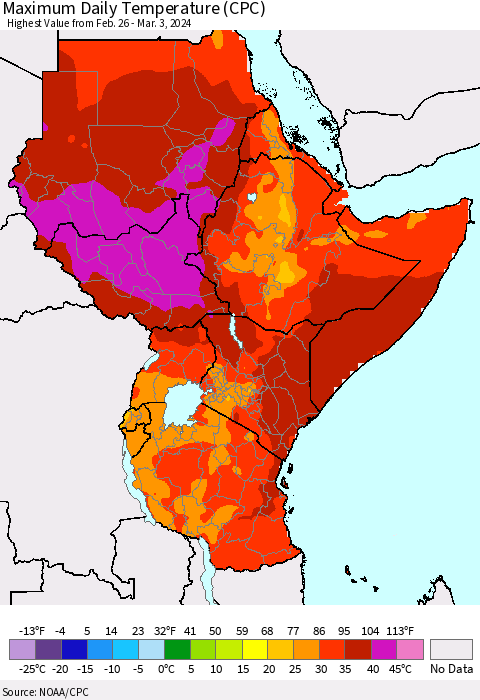 Eastern Africa Maximum Daily Temperature (CPC) Thematic Map For 2/26/2024 - 3/3/2024