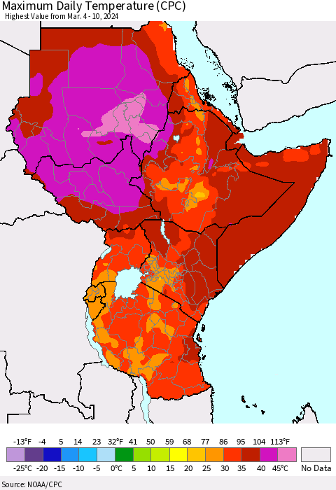 Eastern Africa Maximum Daily Temperature (CPC) Thematic Map For 3/4/2024 - 3/10/2024