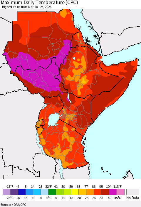 Eastern Africa Maximum Daily Temperature (CPC) Thematic Map For 3/18/2024 - 3/24/2024