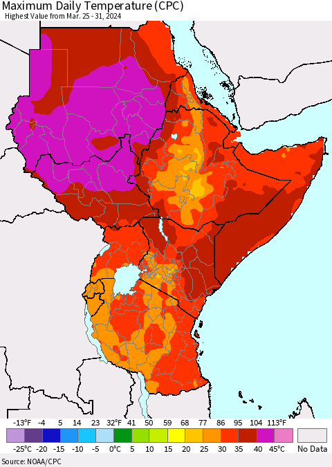 Eastern Africa Maximum Daily Temperature (CPC) Thematic Map For 3/25/2024 - 3/31/2024