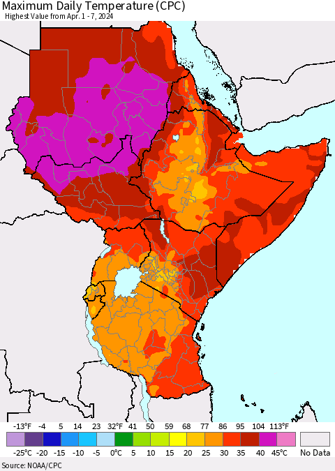 Eastern Africa Maximum Daily Temperature (CPC) Thematic Map For 4/1/2024 - 4/7/2024