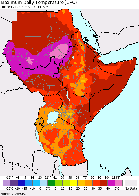Eastern Africa Maximum Daily Temperature (CPC) Thematic Map For 4/8/2024 - 4/14/2024