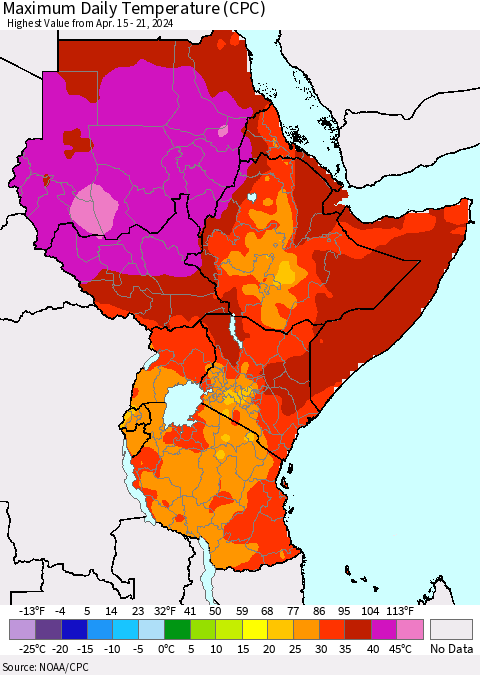 Eastern Africa Maximum Daily Temperature (CPC) Thematic Map For 4/15/2024 - 4/21/2024