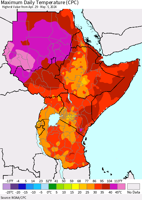 Eastern Africa Maximum Daily Temperature (CPC) Thematic Map For 4/29/2024 - 5/5/2024