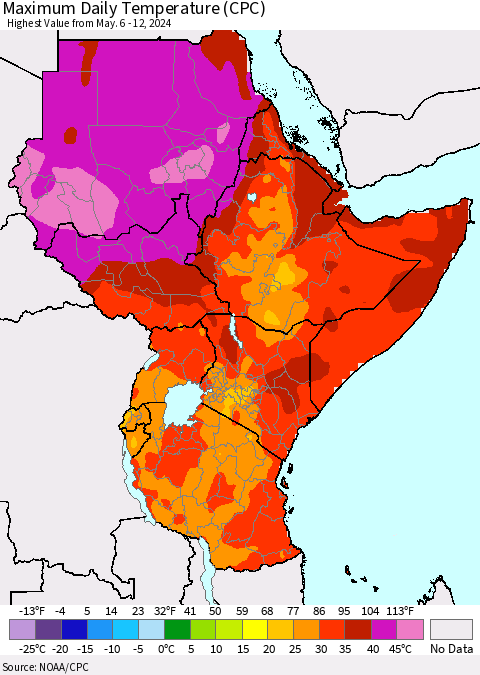 Eastern Africa Maximum Daily Temperature (CPC) Thematic Map For 5/6/2024 - 5/12/2024