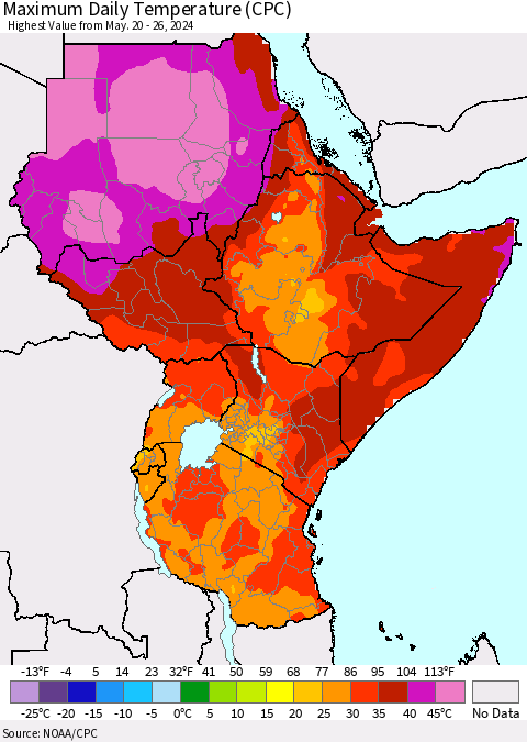 Eastern Africa Maximum Daily Temperature (CPC) Thematic Map For 5/20/2024 - 5/26/2024