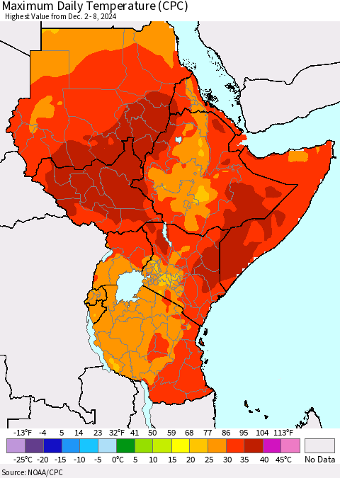 Eastern Africa Maximum Daily Temperature (CPC) Thematic Map For 12/2/2024 - 12/8/2024