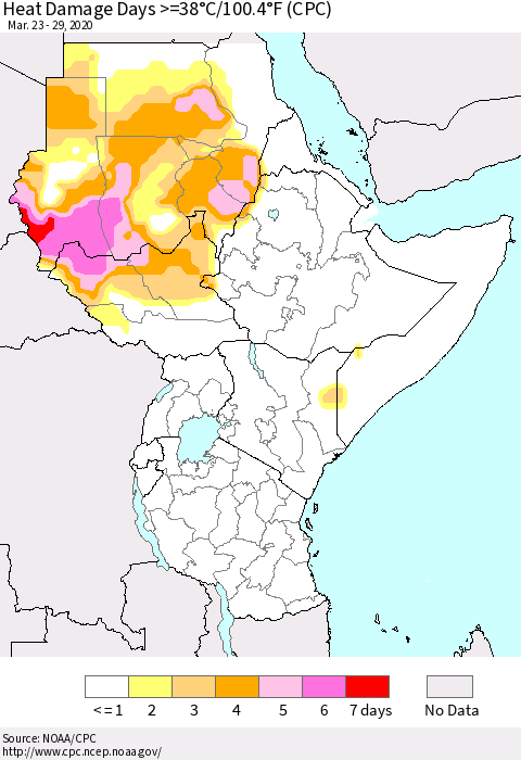Eastern Africa Heat Damage Days >=38°C/100°F (CPC) Thematic Map For 3/23/2020 - 3/29/2020