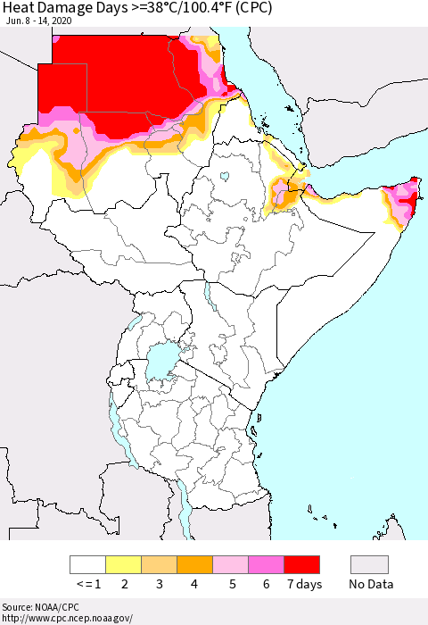 Eastern Africa Heat Damage Days >=38°C/100°F (CPC) Thematic Map For 6/8/2020 - 6/14/2020