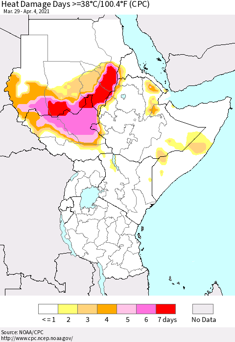 Eastern Africa Heat Damage Days >=38°C/100°F (CPC) Thematic Map For 3/29/2021 - 4/4/2021