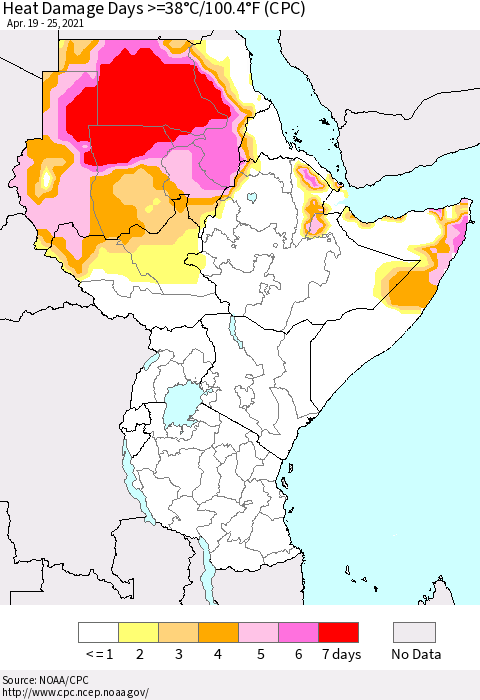 Eastern Africa Heat Damage Days >=38°C/100°F (CPC) Thematic Map For 4/19/2021 - 4/25/2021
