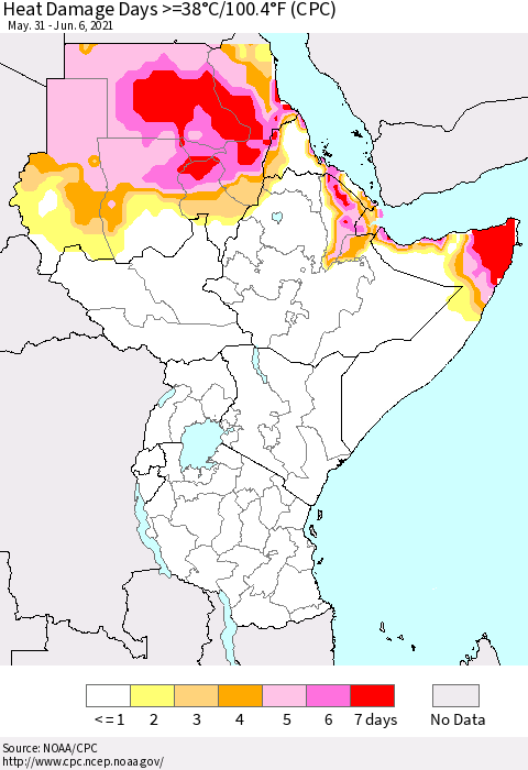 Eastern Africa Heat Damage Days >=38°C/100°F (CPC) Thematic Map For 5/31/2021 - 6/6/2021