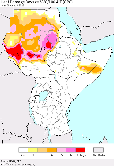 Eastern Africa Heat Damage Days >=38°C/100°F (CPC) Thematic Map For 3/28/2022 - 4/3/2022