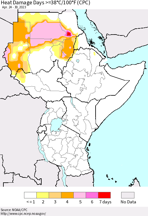 Eastern Africa Heat Damage Days >=38°C/100°F (CPC) Thematic Map For 4/24/2023 - 4/30/2023