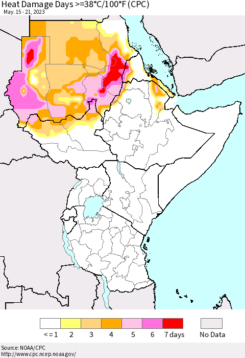 Eastern Africa Heat Damage Days >=38°C/100°F (CPC) Thematic Map For 5/15/2023 - 5/21/2023