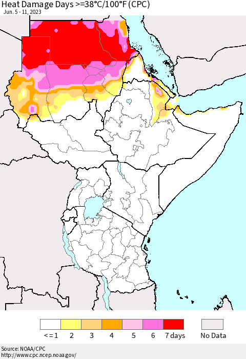 Eastern Africa Heat Damage Days >=38°C/100°F (CPC) Thematic Map For 6/5/2023 - 6/11/2023