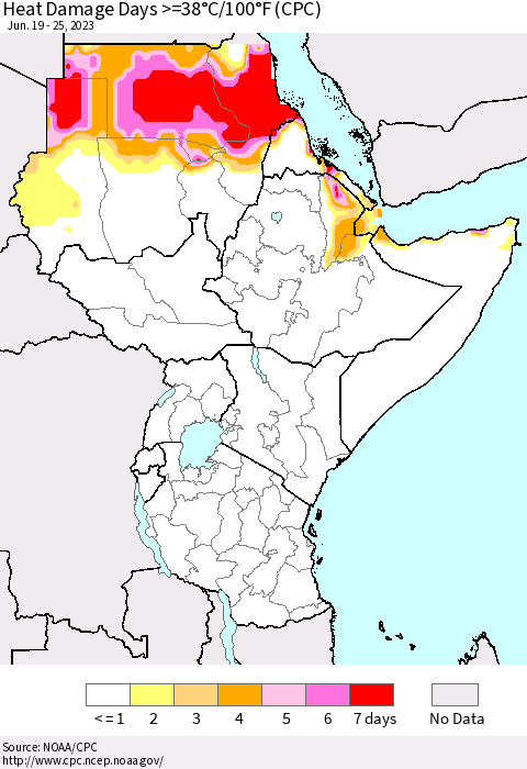 Eastern Africa Heat Damage Days >=38°C/100°F (CPC) Thematic Map For 6/19/2023 - 6/25/2023