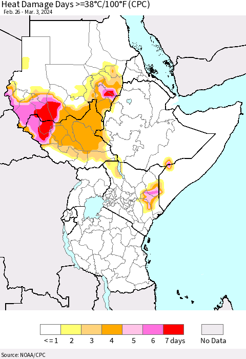 Eastern Africa Heat Damage Days >=38°C/100°F (CPC) Thematic Map For 2/26/2024 - 3/3/2024