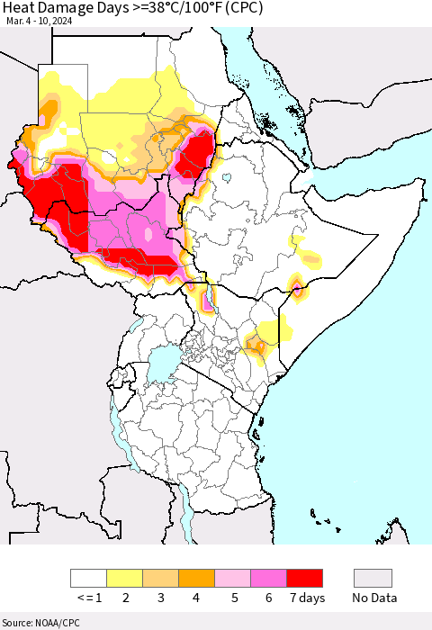 Eastern Africa Heat Damage Days >=38°C/100°F (CPC) Thematic Map For 3/4/2024 - 3/10/2024