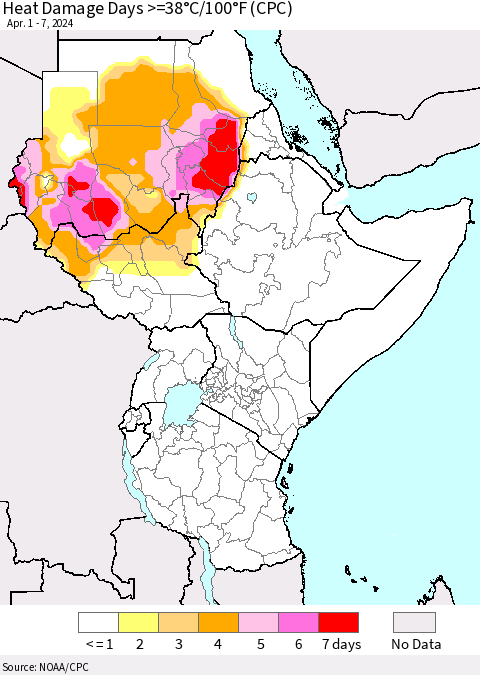 Eastern Africa Heat Damage Days >=38°C/100°F (CPC) Thematic Map For 4/1/2024 - 4/7/2024