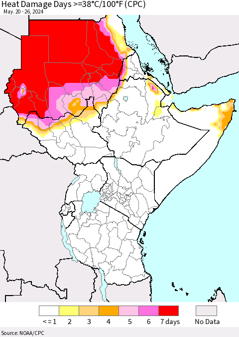 Eastern Africa Heat Damage Days >=38°C/100°F (CPC) Thematic Map For 5/20/2024 - 5/26/2024