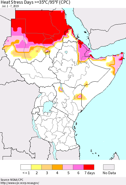 Eastern Africa Heat Stress Days >=35°C/95°F (CPC) Thematic Map For 7/1/2019 - 7/7/2019