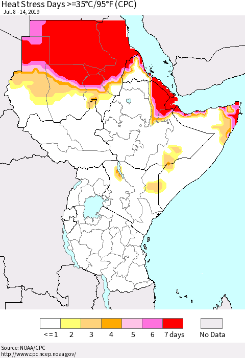 Eastern Africa Heat Stress Days >=35°C/95°F (CPC) Thematic Map For 7/8/2019 - 7/14/2019