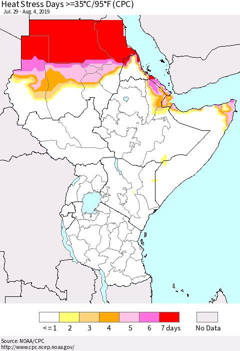 Eastern Africa Heat Stress Days >=35°C/95°F (CPC) Thematic Map For 7/29/2019 - 8/4/2019