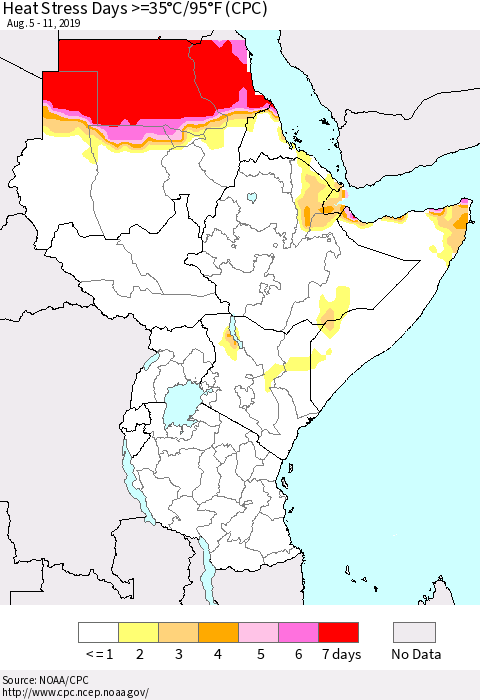 Eastern Africa Heat Stress Days >=35°C/95°F (CPC) Thematic Map For 8/5/2019 - 8/11/2019