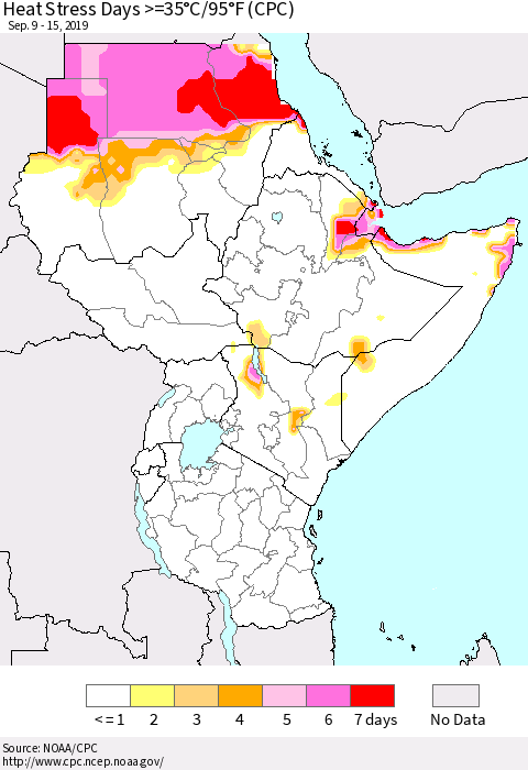 Eastern Africa Heat Stress Days >=35°C/95°F (CPC) Thematic Map For 9/9/2019 - 9/15/2019