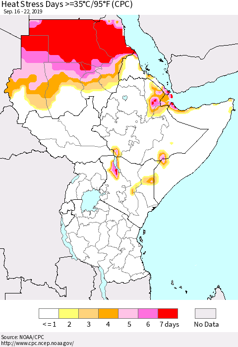 Eastern Africa Heat Stress Days >=35°C/95°F (CPC) Thematic Map For 9/16/2019 - 9/22/2019
