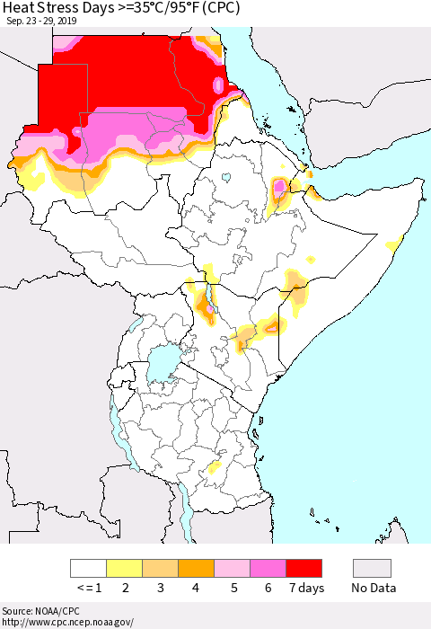 Eastern Africa Heat Stress Days >=35°C/95°F (CPC) Thematic Map For 9/23/2019 - 9/29/2019