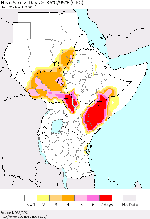 Eastern Africa Heat Stress Days >=35°C/95°F (CPC) Thematic Map For 2/24/2020 - 3/1/2020