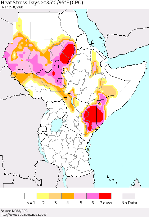 Eastern Africa Heat Stress Days >=35°C/95°F (CPC) Thematic Map For 3/2/2020 - 3/8/2020