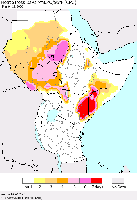 Eastern Africa Heat Stress Days >=35°C/95°F (CPC) Thematic Map For 3/9/2020 - 3/15/2020