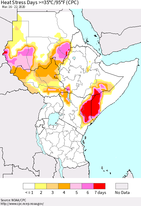 Eastern Africa Heat Stress Days >=35°C/95°F (CPC) Thematic Map For 3/16/2020 - 3/22/2020