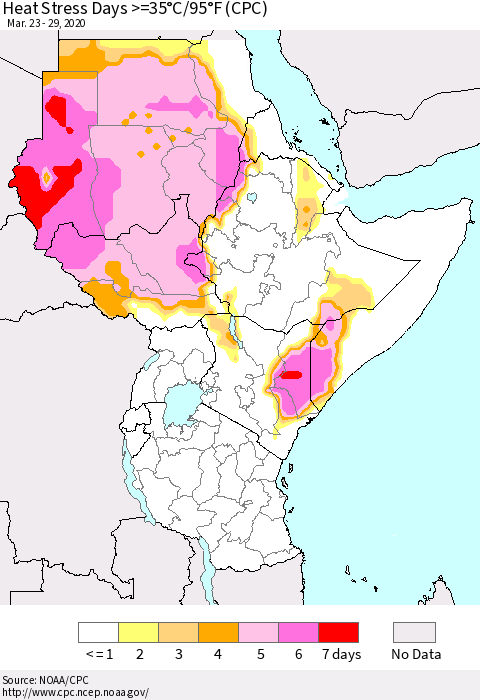 Eastern Africa Heat Stress Days >=35°C/95°F (CPC) Thematic Map For 3/23/2020 - 3/29/2020