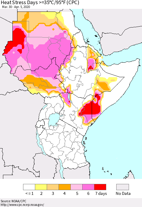 Eastern Africa Heat Stress Days >=35°C/95°F (CPC) Thematic Map For 3/30/2020 - 4/5/2020